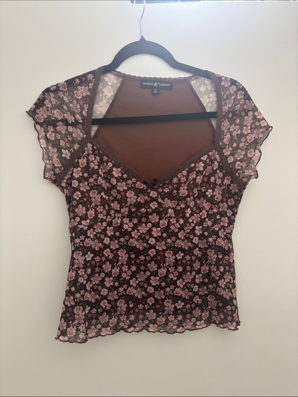 Almost Famous Brown Mesh Floral V-Neck Camisole with Pink Flowers